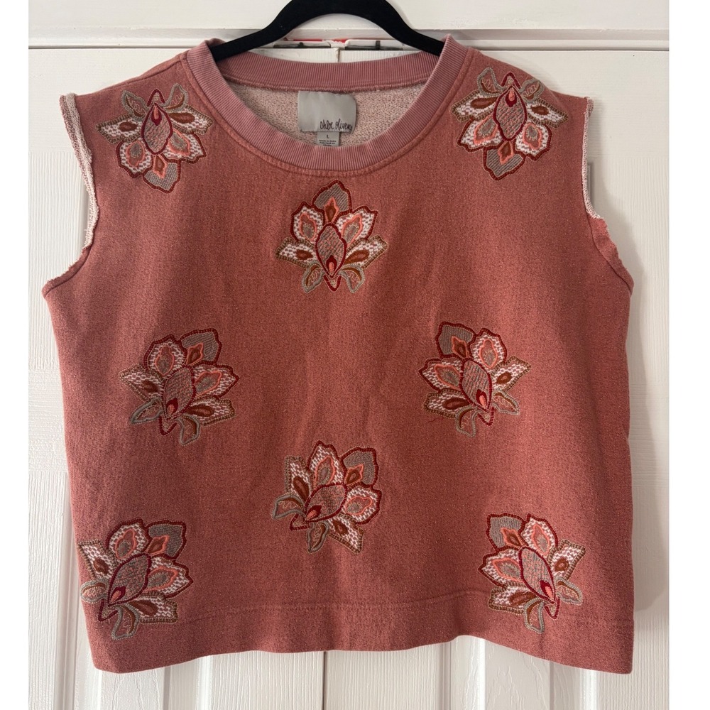 Chloe Oliver Anthro Pink Metallic Embroidered Floral Sleeveless Sweatshirt Large